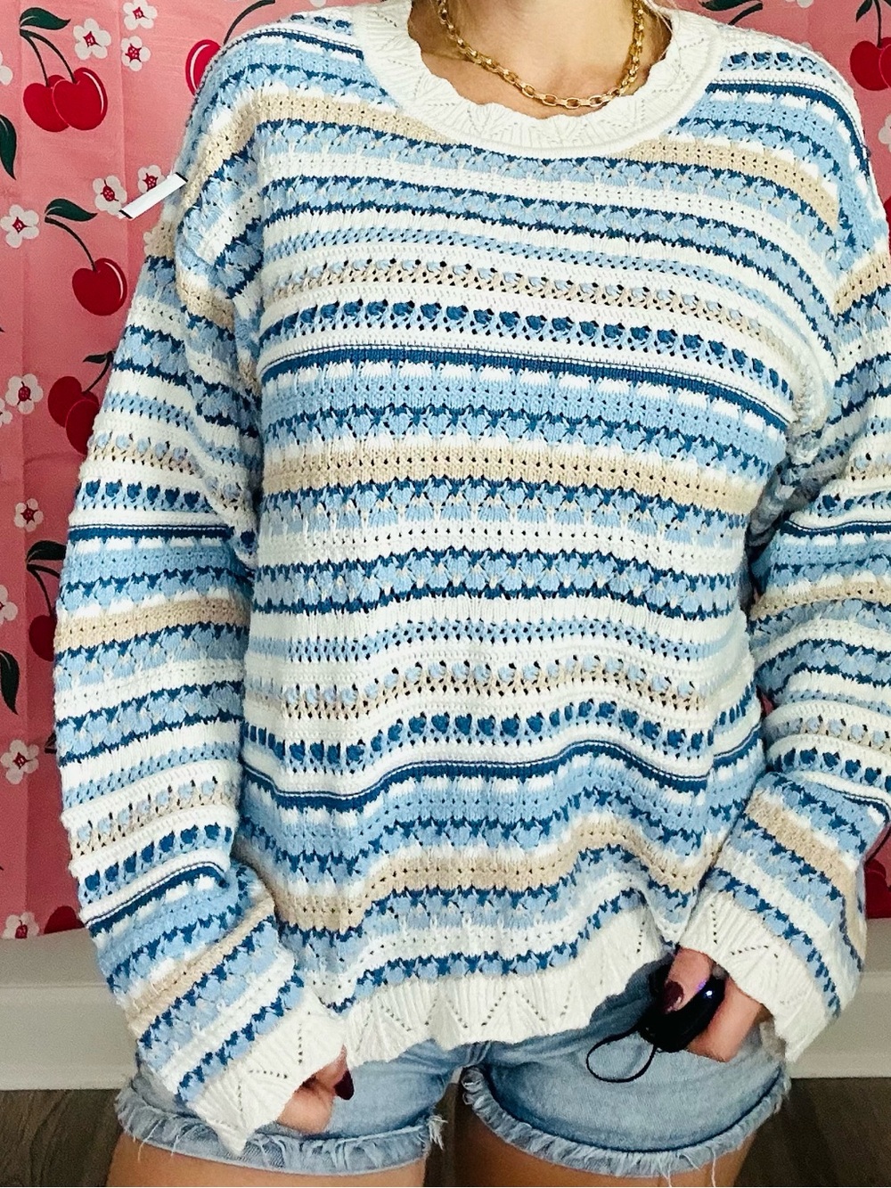 Ann Taylor Blue & White Striped Open-Knit Crewneck Sweater